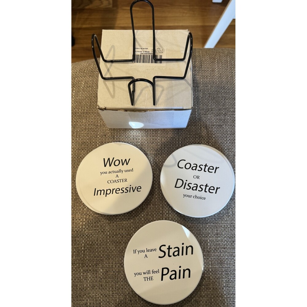 New Set (6) Funny White Coasters Black Metal Holder